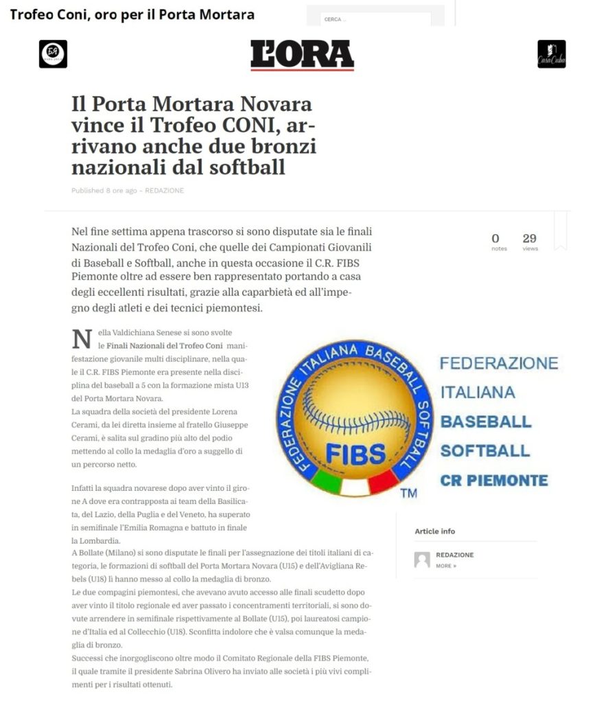 portamortara novara baseball softball